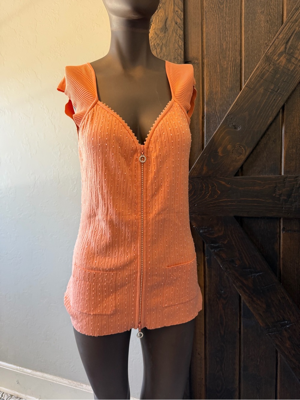 Peach Ribbed Knit Sleeveless Zip-Front Knit Top Rhinestone Trim Sparkle Beads